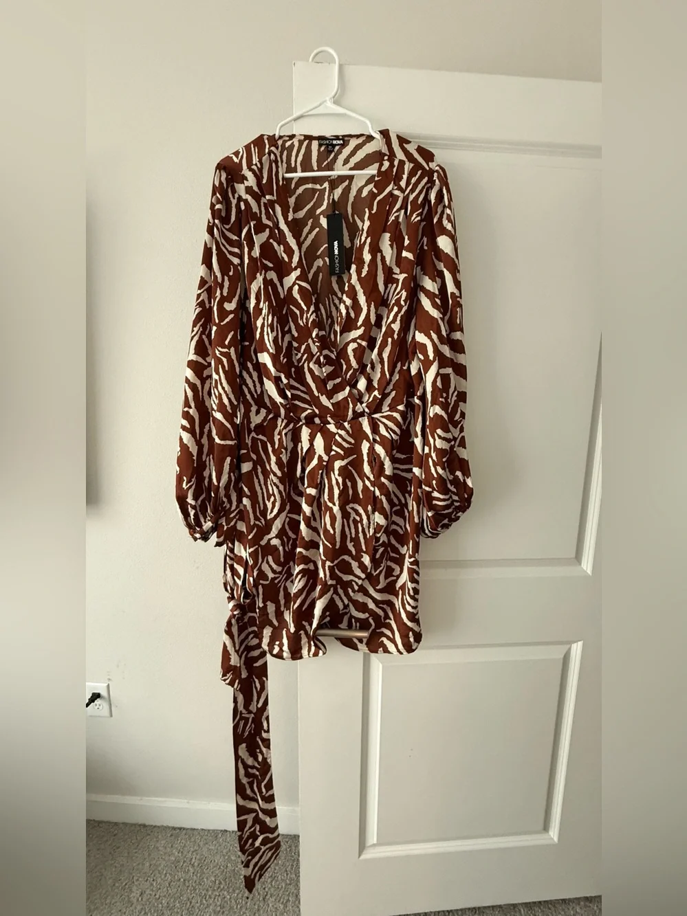 Michael Kors Brown & White Animal-Print Wrap Mini Dress